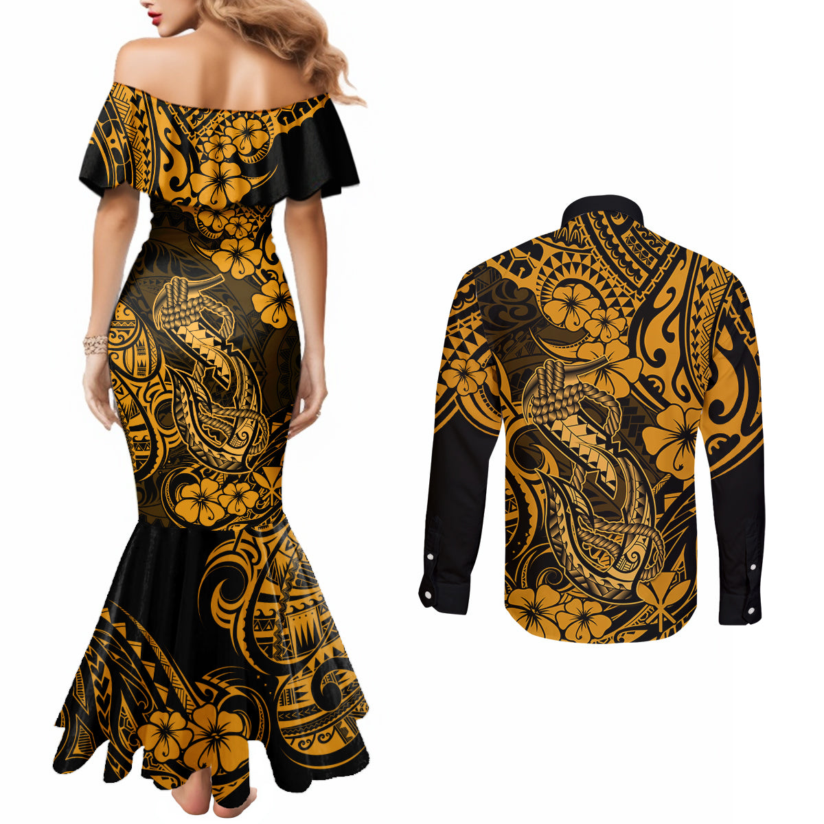 Hawaii Fish Hook Couples Matching Mermaid Dress and Long Sleeve Button Shirts Polynesian Pattern Gold Version LT01 - Polynesian Pride