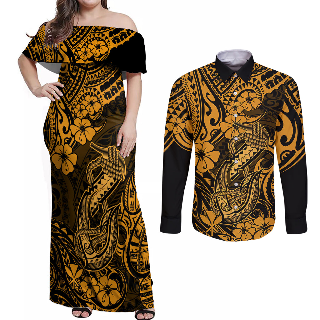 Hawaii Fish Hook Couples Matching Off Shoulder Maxi Dress and Long Sleeve Button Shirts Polynesian Pattern Gold Version LT01 Gold - Polynesian Pride