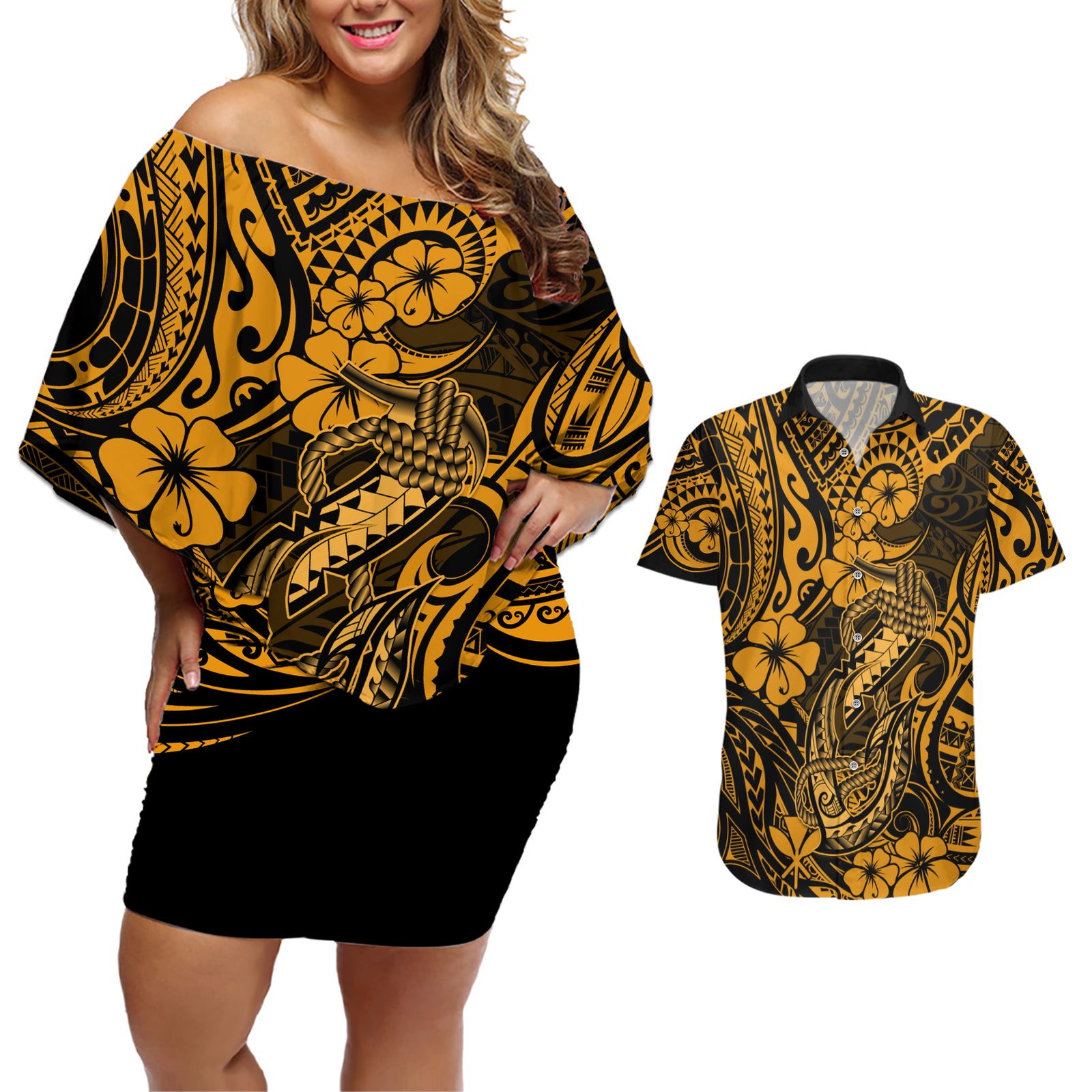 Hawaii Fish Hook Couples Matching Off Shoulder Short Dress and Hawaiian Shirt Polynesian Pattern Gold Version LT01 Gold - Polynesian Pride