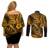 Hawaii Fish Hook Couples Matching Off Shoulder Short Dress and Long Sleeve Button Shirts Polynesian Pattern Gold Version LT01 - Polynesian Pride