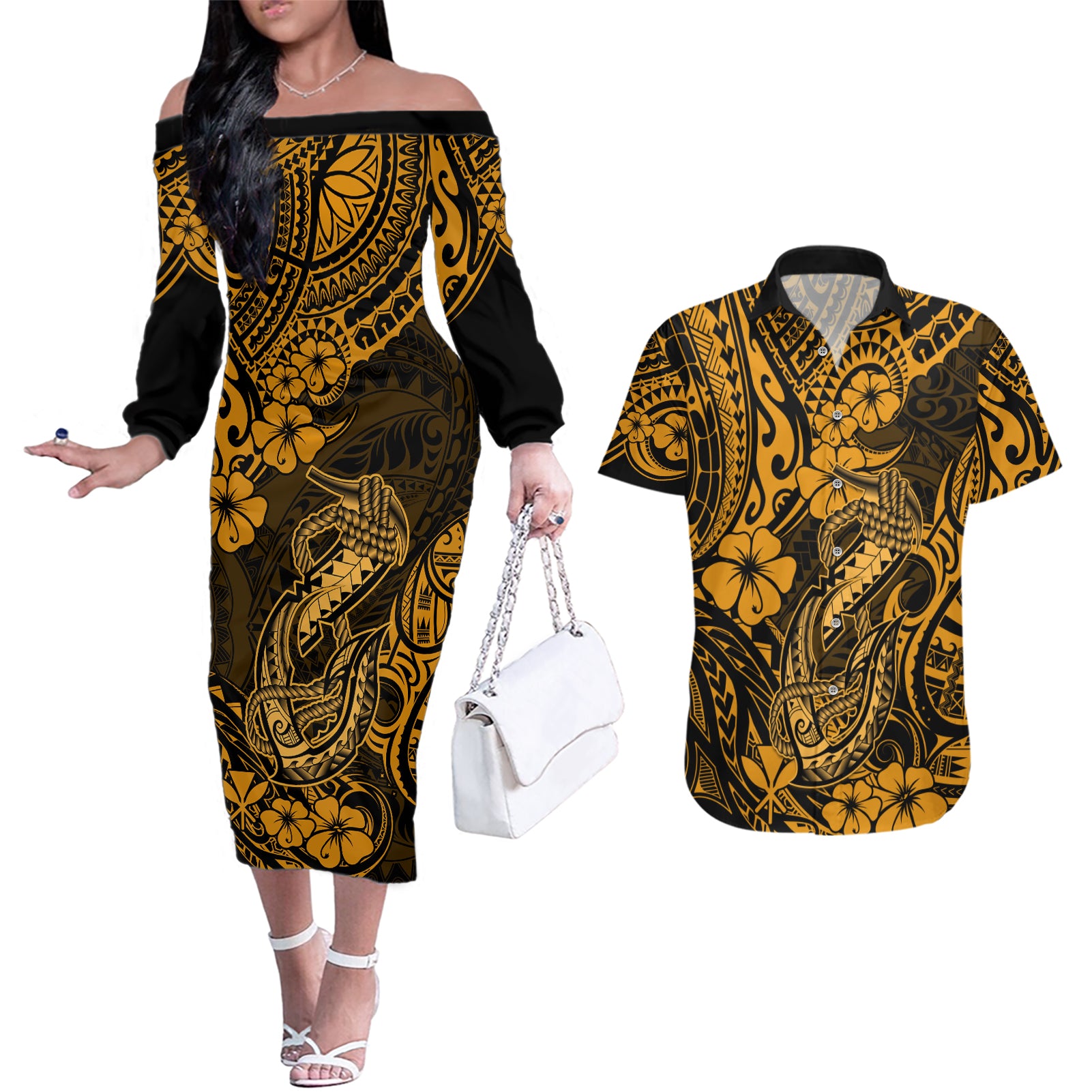 Hawaii Fish Hook Couples Matching Off The Shoulder Long Sleeve Dress and Hawaiian Shirt Polynesian Pattern Gold Version LT01 Gold - Polynesian Pride