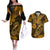 Hawaii Fish Hook Couples Matching Off The Shoulder Long Sleeve Dress and Hawaiian Shirt Polynesian Pattern Gold Version LT01 Gold - Polynesian Pride