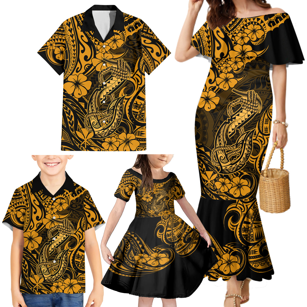 Hawaii Fish Hook Family Matching Mermaid Dress and Hawaiian Shirt Polynesian Pattern Gold Version LT01 - Polynesian Pride