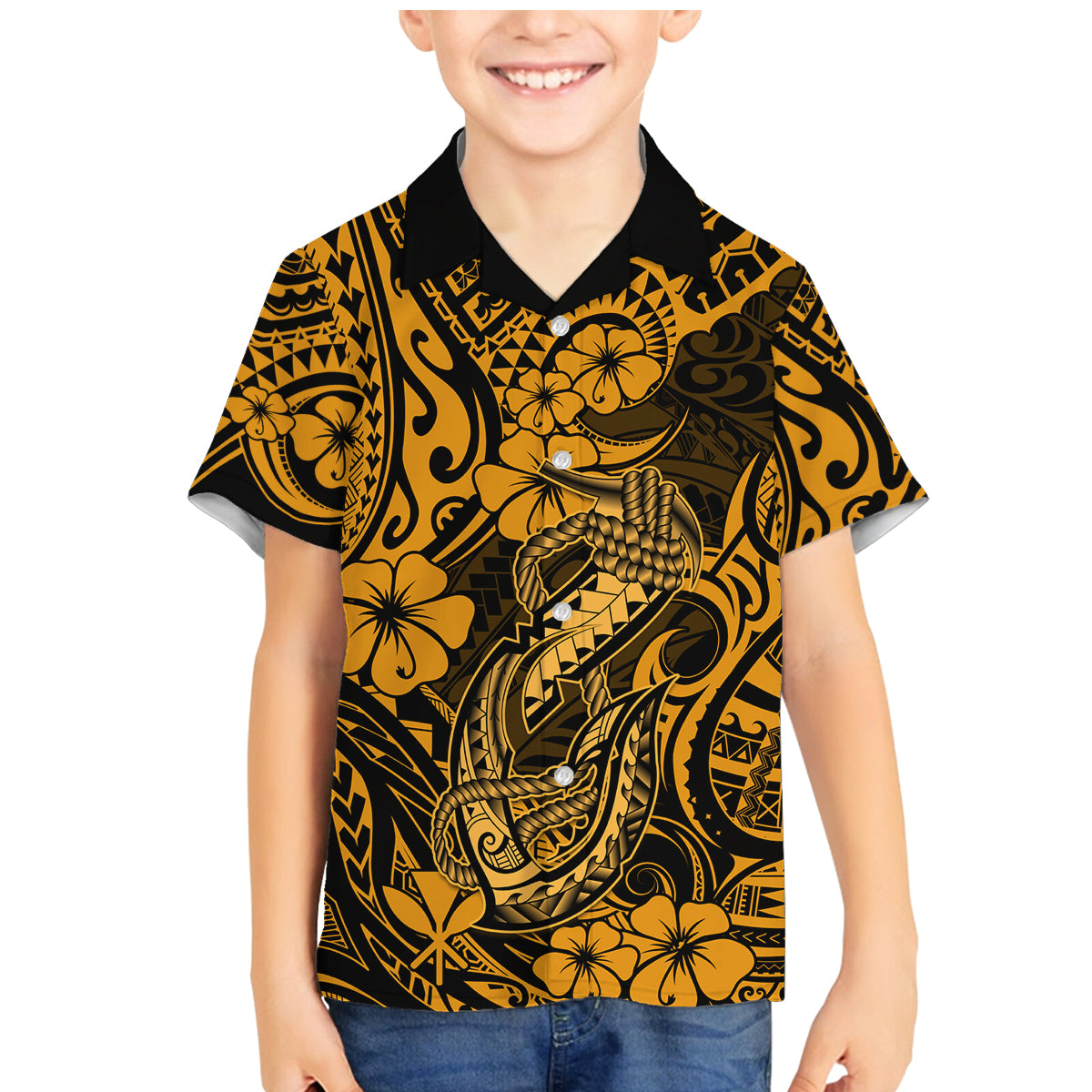 Hawaii Fish Hook Family Matching Mermaid Dress and Hawaiian Shirt Polynesian Pattern Gold Version LT01 Son's Shirt Gold - Polynesian Pride