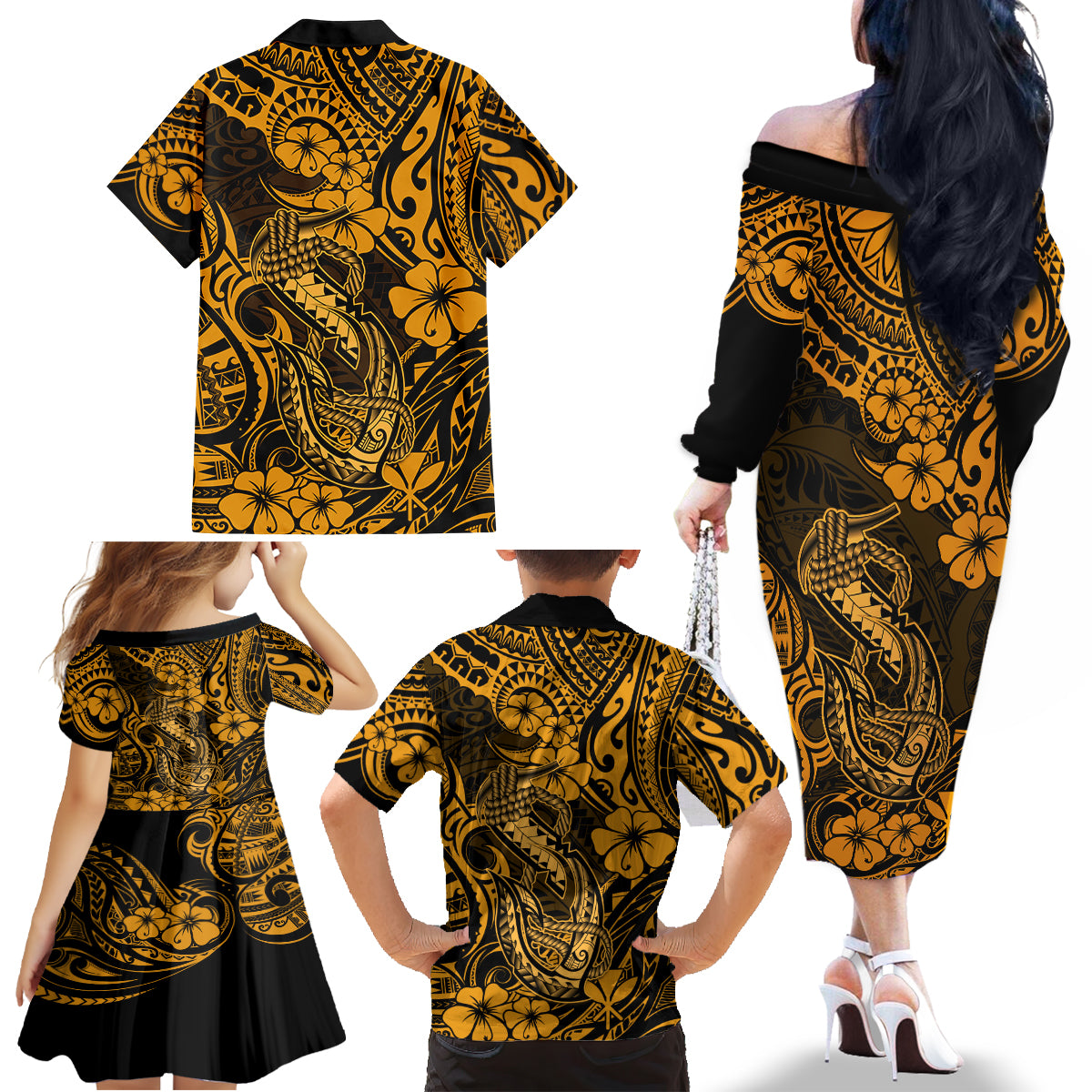 Hawaii Fish Hook Family Matching Off Shoulder Long Sleeve Dress and Hawaiian Shirt Polynesian Pattern Gold Version LT01 - Polynesian Pride
