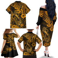 Hawaii Fish Hook Family Matching Off Shoulder Long Sleeve Dress and Hawaiian Shirt Polynesian Pattern Gold Version LT01 - Polynesian Pride