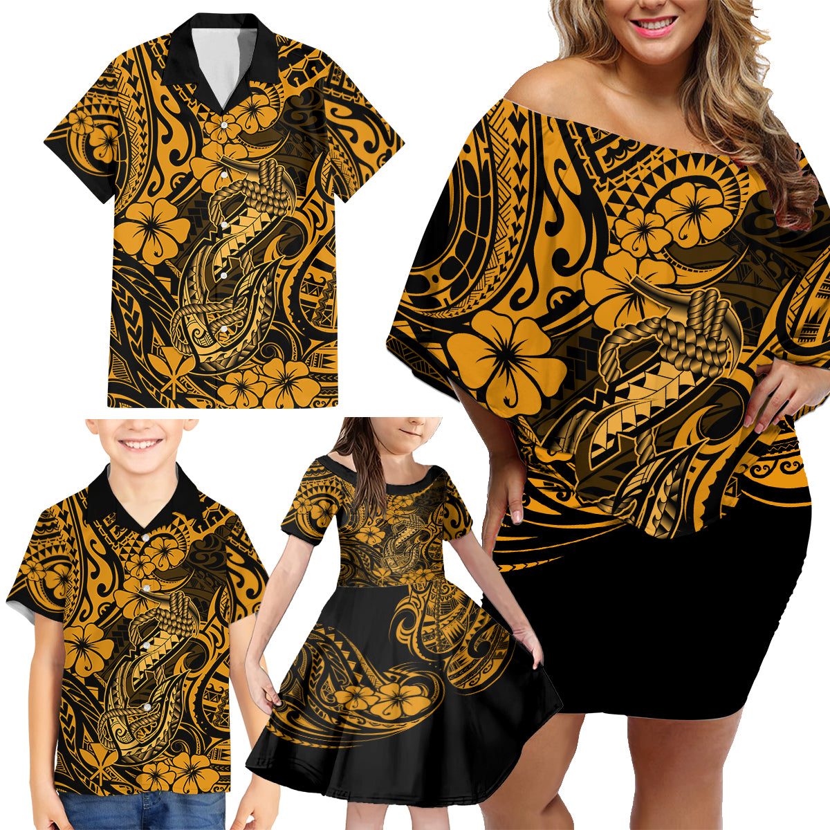 Hawaii Fish Hook Family Matching Off Shoulder Short Dress and Hawaiian Shirt Polynesian Pattern Gold Version LT01 - Polynesian Pride