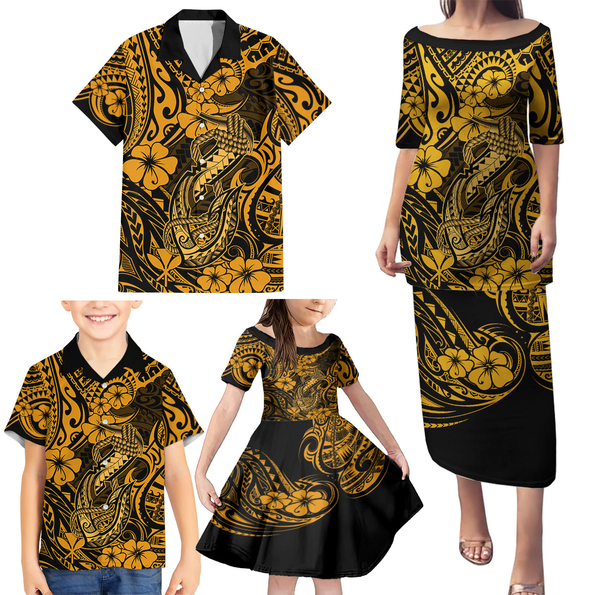 Hawaii Fish Hook Family Matching Puletasi Dress and Hawaiian Shirt Polynesian Pattern Gold Version LT01 - Polynesian Pride