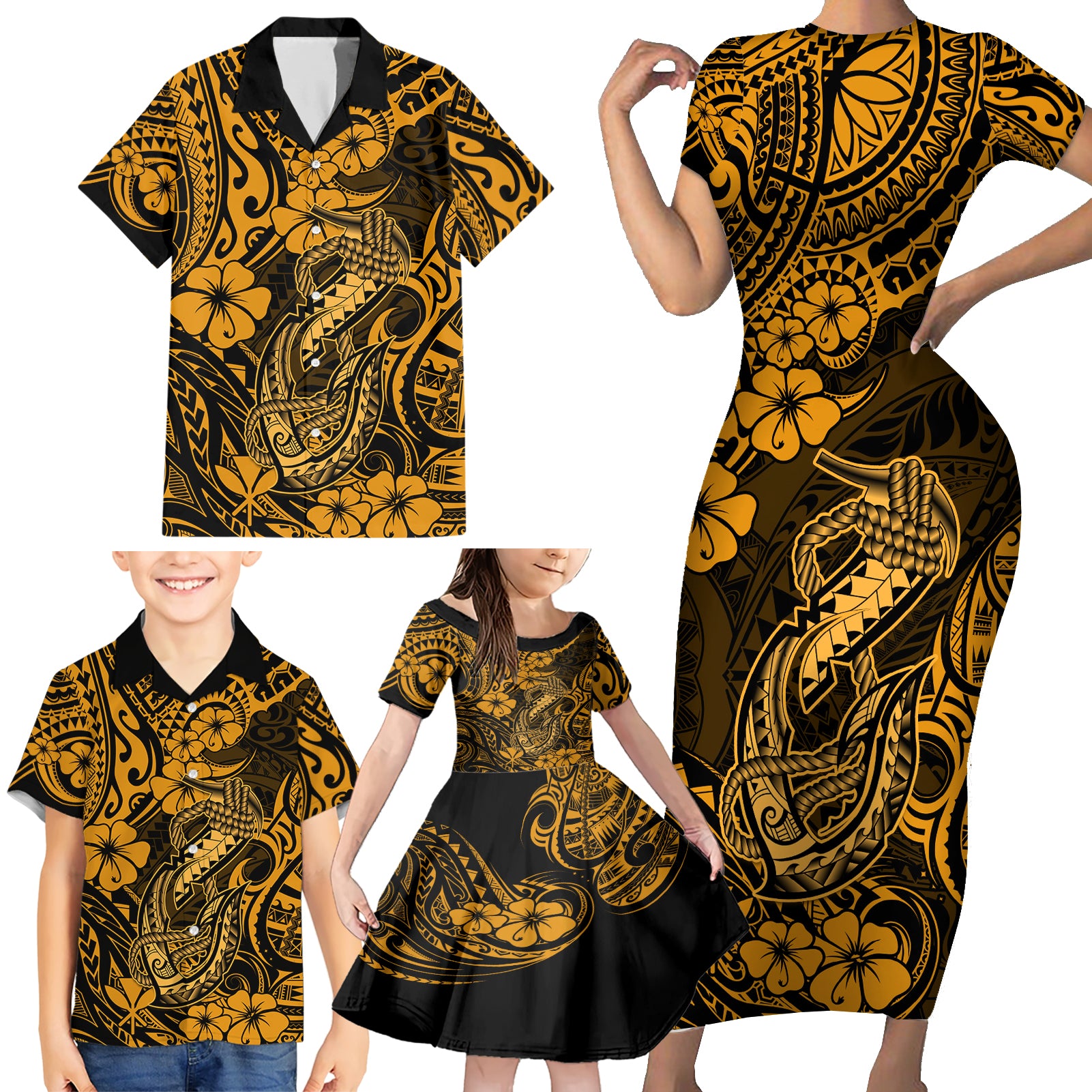 Hawaii Fish Hook Family Matching Short Sleeve Bodycon Dress and Hawaiian Shirt Polynesian Pattern Gold Version LT01 - Polynesian Pride