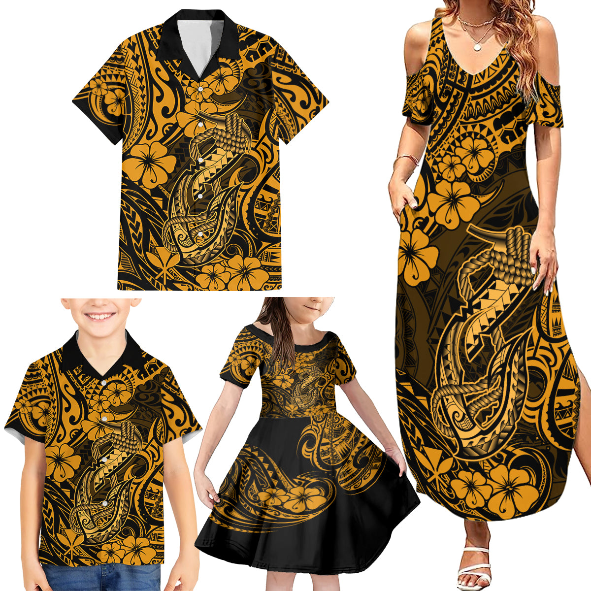 Hawaii Fish Hook Family Matching Summer Maxi Dress and Hawaiian Shirt Polynesian Pattern Gold Version LT01 - Polynesian Pride