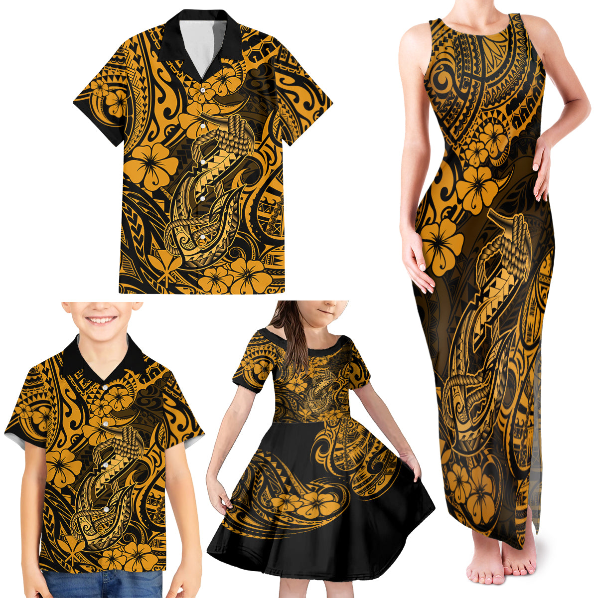 Hawaii Fish Hook Family Matching Tank Maxi Dress and Hawaiian Shirt Polynesian Pattern Gold Version LT01 - Polynesian Pride