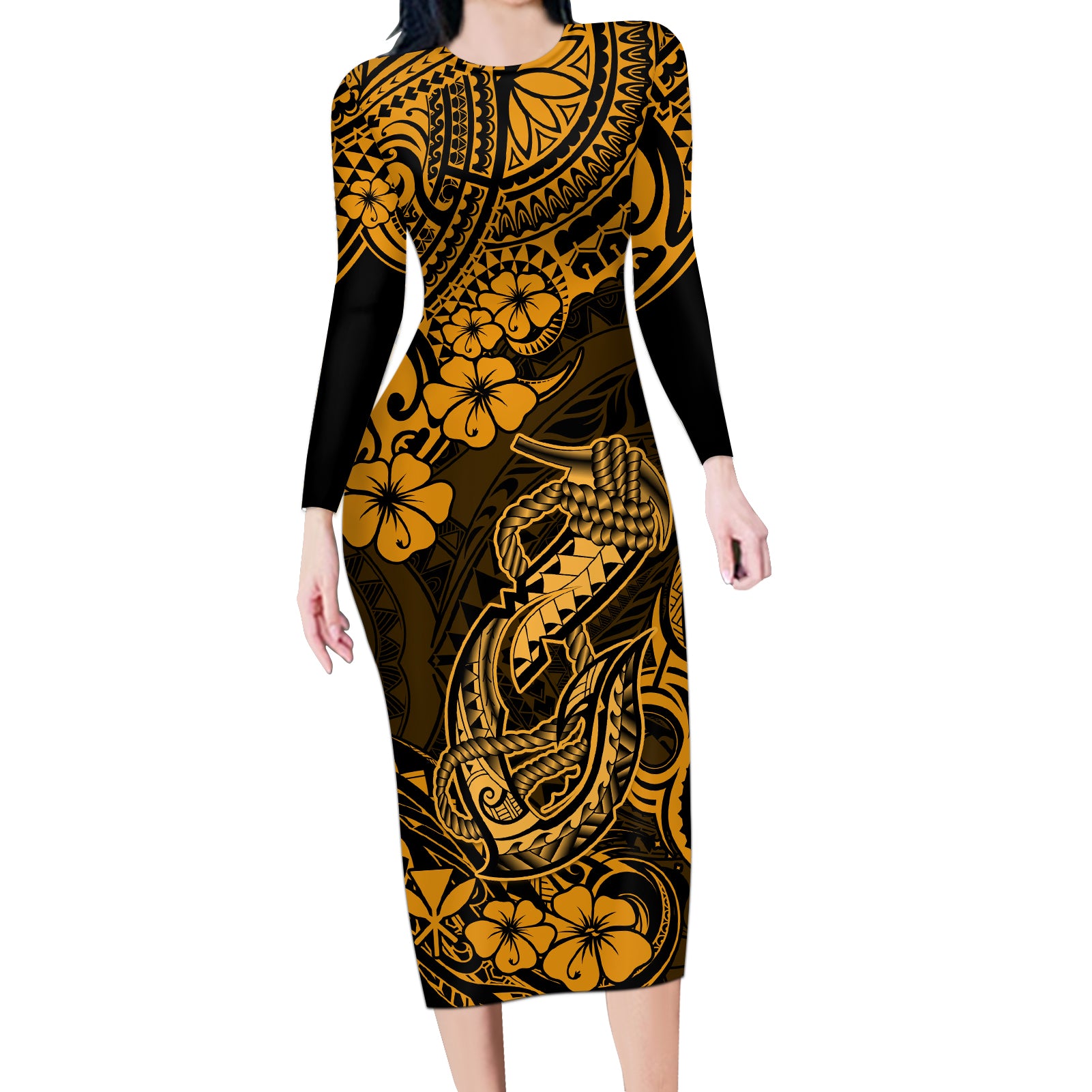 Hawaii Fish Hook Long Sleeve Bodycon Dress Polynesian Pattern Gold Version LT01 Long Dress Gold - Polynesian Pride