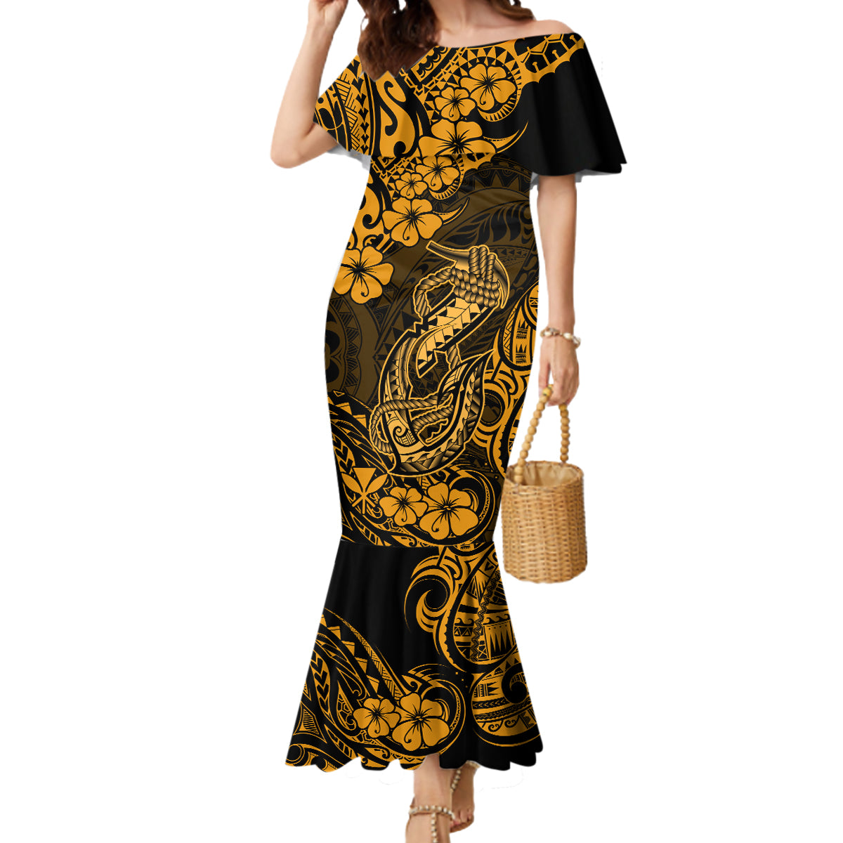 Hawaii Fish Hook Mermaid Dress Polynesian Pattern Gold Version LT01 Women Gold - Polynesian Pride