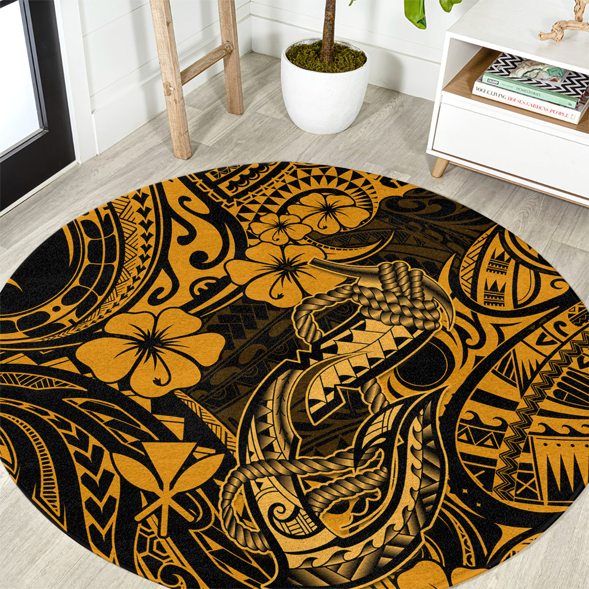 Hawaii Fish Hook Round Carpet Polynesian Pattern Gold Version LT01 Gold - Polynesian Pride