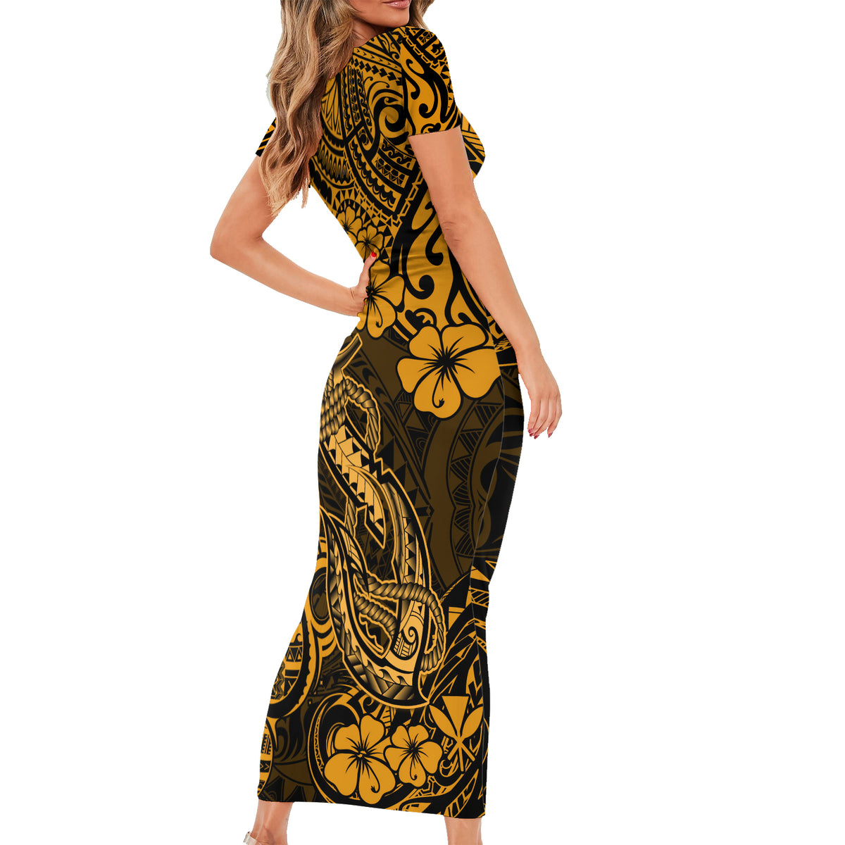 Hawaii Fish Hook Short Sleeve Bodycon Dress Polynesian Pattern Gold Version LT01 - Polynesian Pride