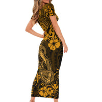 Hawaii Fish Hook Short Sleeve Bodycon Dress Polynesian Pattern Gold Version LT01 - Polynesian Pride
