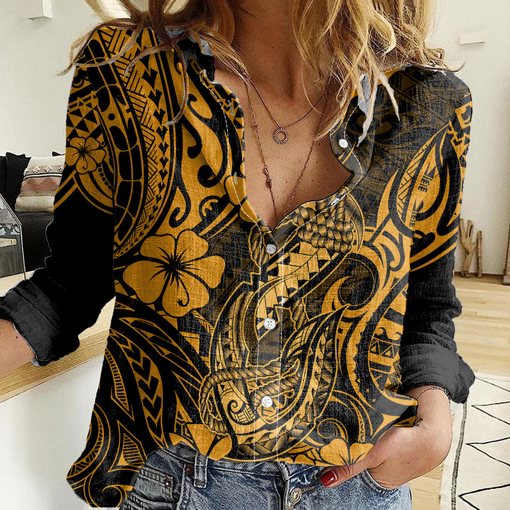 Hawaii Fish Hook Women Casual Shirt Polynesian Pattern Gold Version LT01 Female Gold - Polynesian Pride