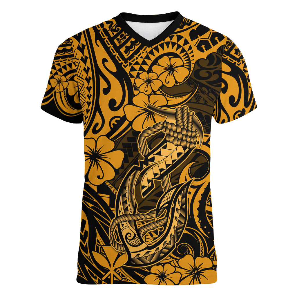 Hawaii Fish Hook Women V Neck T Shirt Polynesian Pattern Gold Version LT01 Female Gold - Polynesian Pride