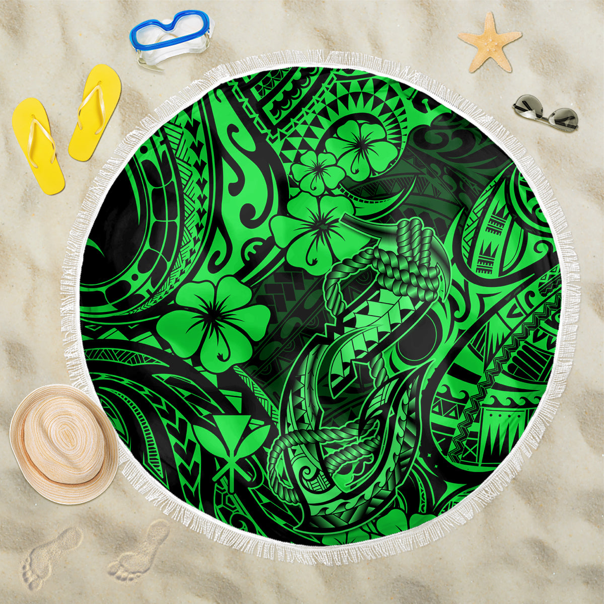 Hawaii Fish Hook Beach Blanket Polynesian Pattern Green Version LT01 One Size 150cm Green - Wonder Print Shop