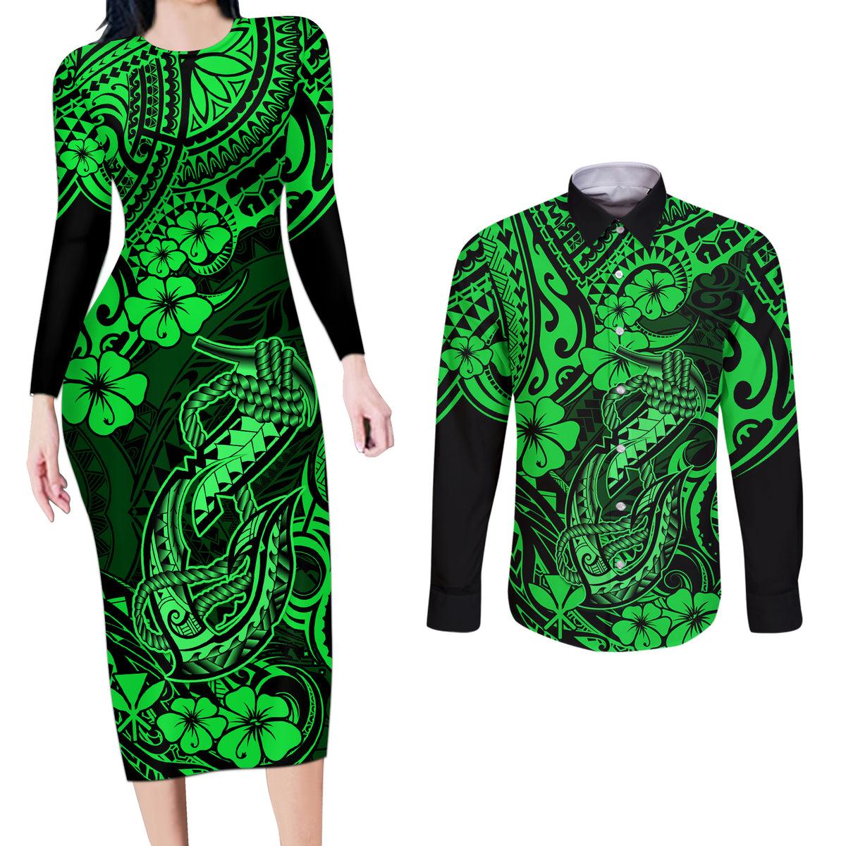 Hawaii Fish Hook Couples Matching Long Sleeve Bodycon Dress and Long Sleeve Button Shirts Polynesian Pattern Green Version LT01 Green - Polynesian Pride