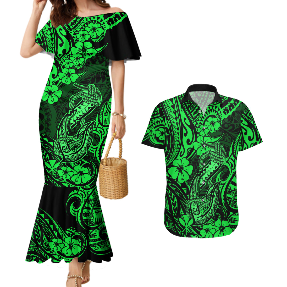 Hawaii Fish Hook Couples Matching Mermaid Dress and Hawaiian Shirt Polynesian Pattern Green Version LT01 Green - Polynesian Pride