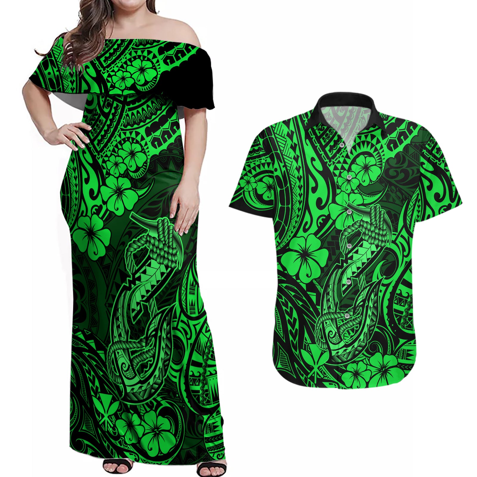 Hawaii Fish Hook Couples Matching Off Shoulder Maxi Dress and Hawaiian Shirt Polynesian Pattern Green Version LT01 Green - Polynesian Pride