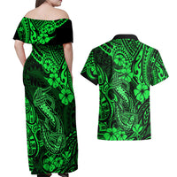 Hawaii Fish Hook Couples Matching Off Shoulder Maxi Dress and Hawaiian Shirt Polynesian Pattern Green Version LT01 - Polynesian Pride