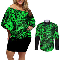 Hawaii Fish Hook Couples Matching Off Shoulder Short Dress and Long Sleeve Button Shirts Polynesian Pattern Green Version LT01 Green - Polynesian Pride