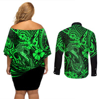 Hawaii Fish Hook Couples Matching Off Shoulder Short Dress and Long Sleeve Button Shirts Polynesian Pattern Green Version LT01 - Polynesian Pride