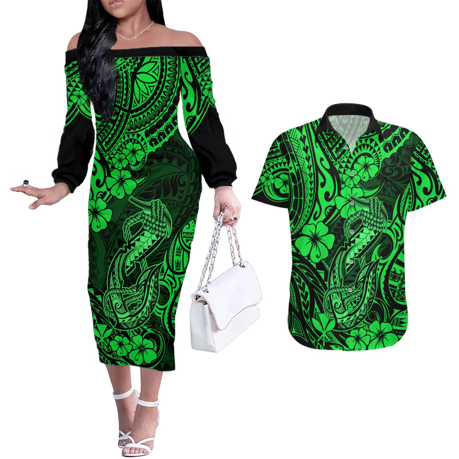 Hawaii Fish Hook Couples Matching Off The Shoulder Long Sleeve Dress and Hawaiian Shirt Polynesian Pattern Green Version LT01 Green - Polynesian Pride