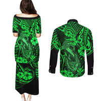 Hawaii Fish Hook Couples Matching Puletasi Dress and Long Sleeve Button Shirts Polynesian Pattern Green Version LT01 - Polynesian Pride