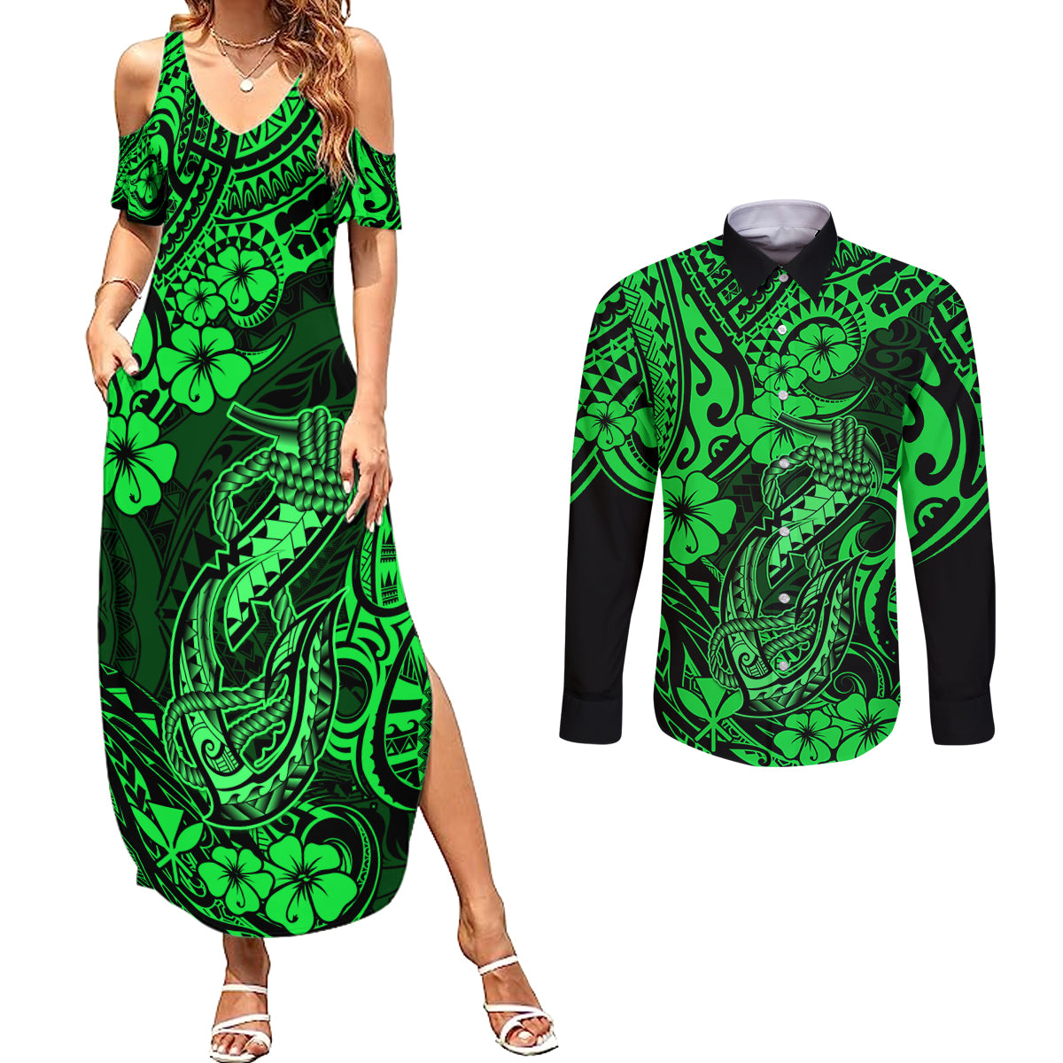Hawaii Fish Hook Couples Matching Summer Maxi Dress and Long Sleeve Button Shirts Polynesian Pattern Green Version LT01 Green - Polynesian Pride