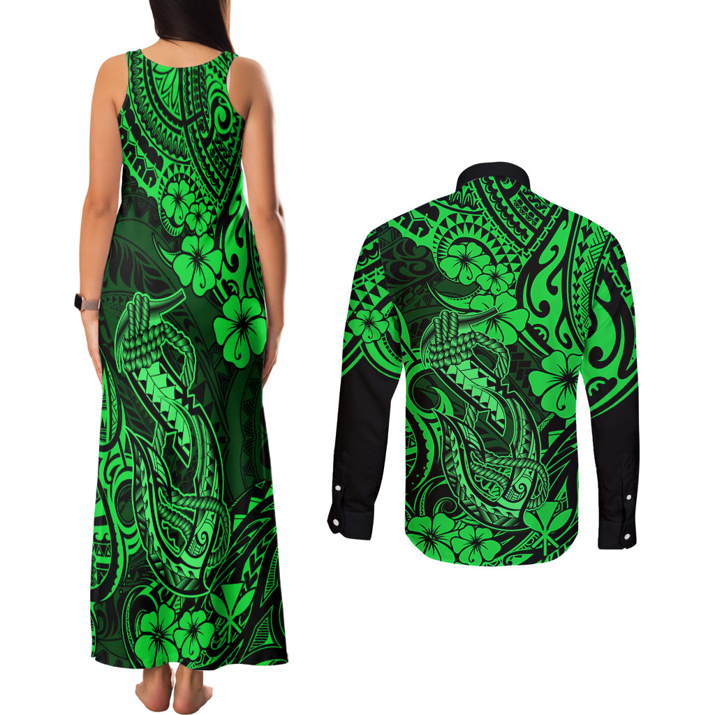 Hawaii Fish Hook Couples Matching Tank Maxi Dress and Long Sleeve Button Shirts Polynesian Pattern Green Version LT01 - Polynesian Pride