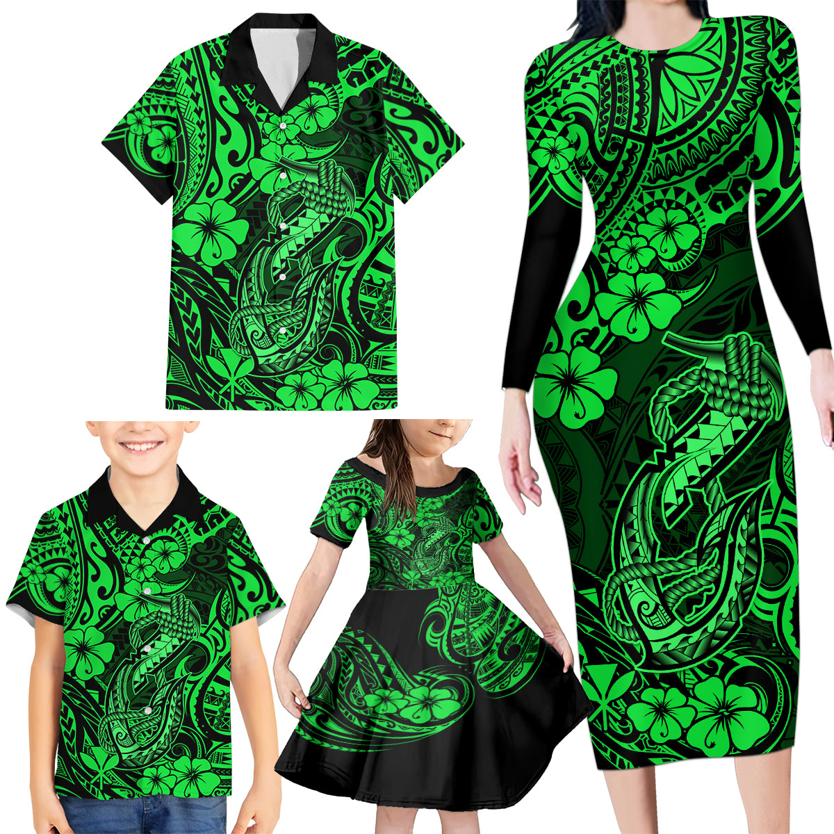 Hawaii Fish Hook Family Matching Long Sleeve Bodycon Dress and Hawaiian Shirt Polynesian Pattern Green Version LT01 - Polynesian Pride