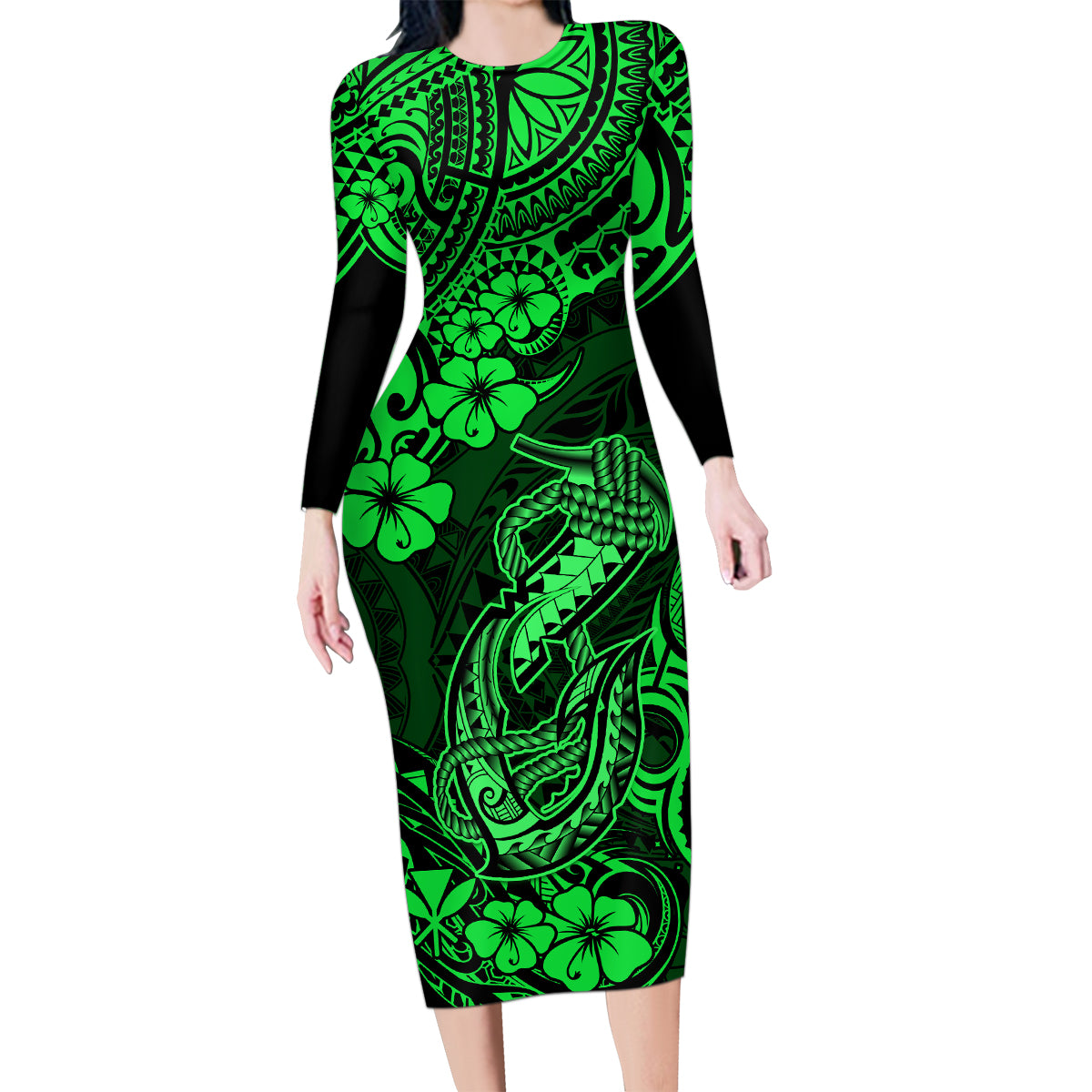 Hawaii Fish Hook Family Matching Long Sleeve Bodycon Dress and Hawaiian Shirt Polynesian Pattern Green Version LT01 Mom's Dress Green - Polynesian Pride