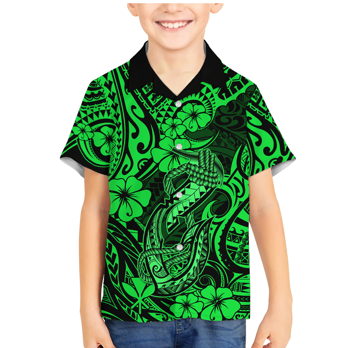 Hawaii Fish Hook Family Matching Mermaid Dress and Hawaiian Shirt Polynesian Pattern Green Version LT01 Son's Shirt Green - Polynesian Pride