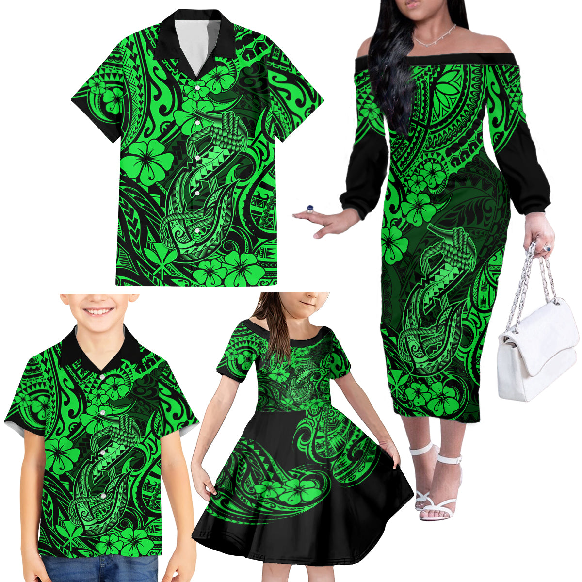 Hawaii Fish Hook Family Matching Off Shoulder Long Sleeve Dress and Hawaiian Shirt Polynesian Pattern Green Version LT01 - Polynesian Pride