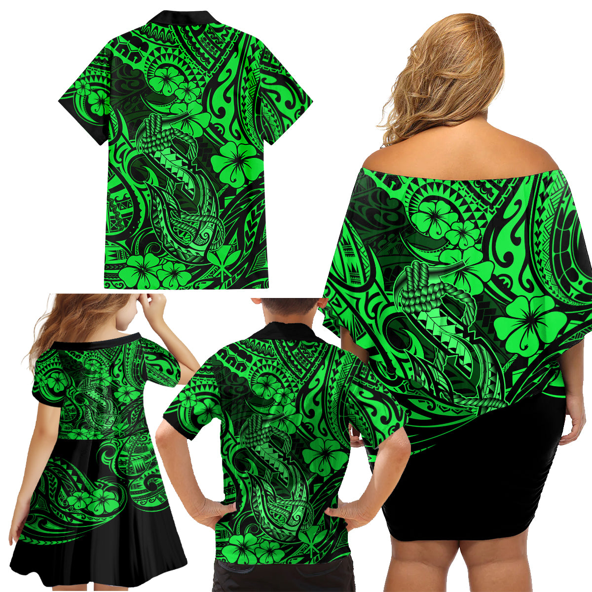 Hawaii Fish Hook Family Matching Off Shoulder Short Dress and Hawaiian Shirt Polynesian Pattern Green Version LT01 - Polynesian Pride