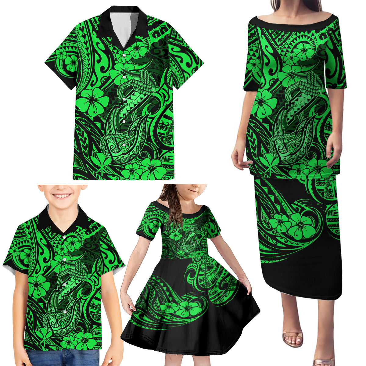 Hawaii Fish Hook Family Matching Puletasi Dress and Hawaiian Shirt Polynesian Pattern Green Version LT01 - Polynesian Pride