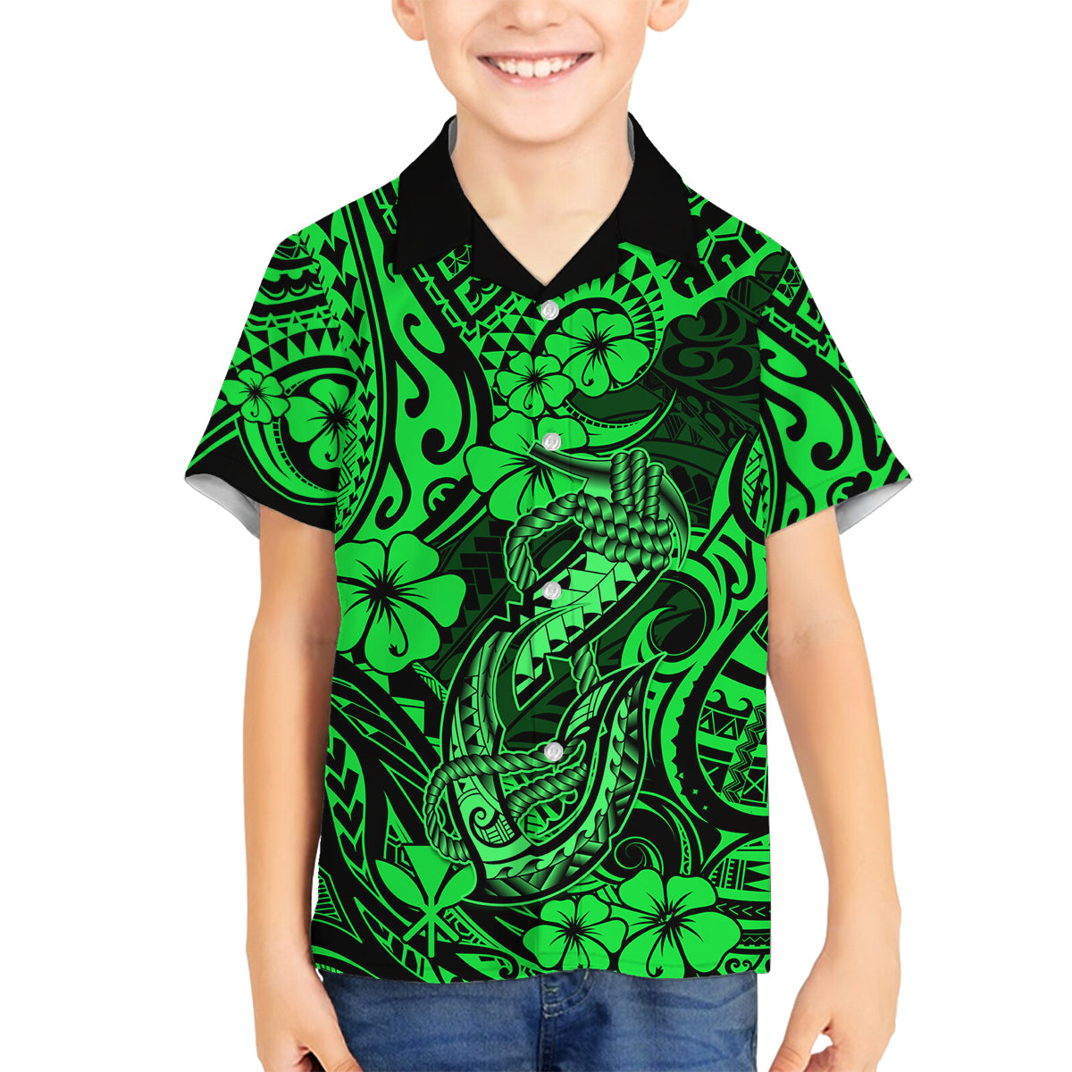 Hawaii Fish Hook Family Matching Puletasi Dress and Hawaiian Shirt Polynesian Pattern Green Version LT01 Son's Shirt Green - Polynesian Pride