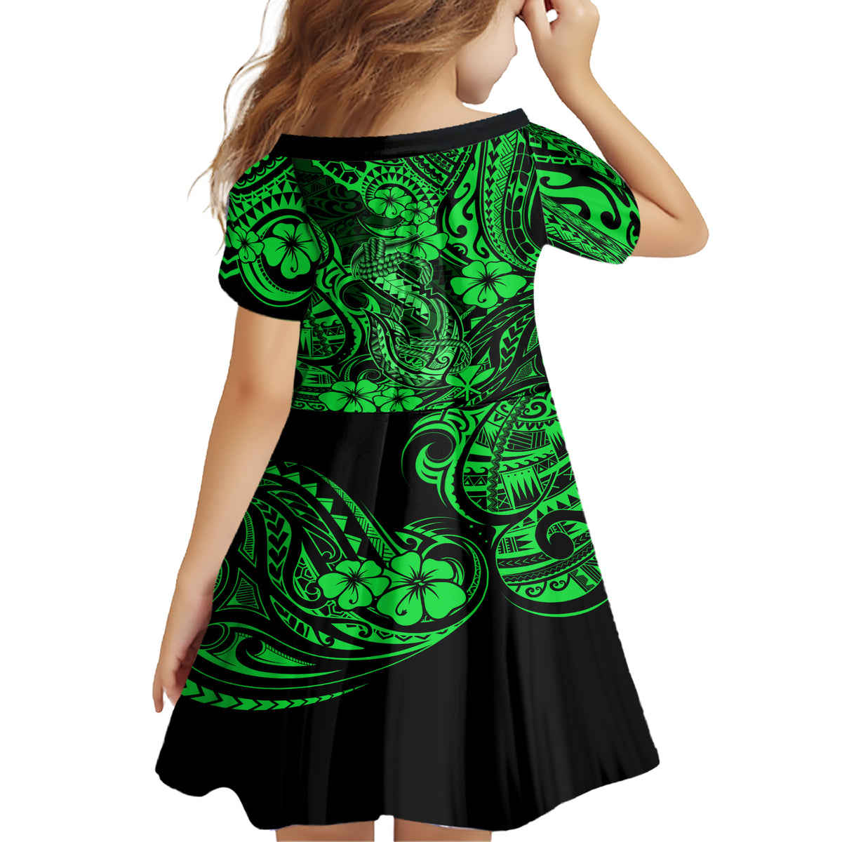 Hawaii Fish Hook Family Matching Short Sleeve Bodycon Dress and Hawaiian Shirt Polynesian Pattern Green Version LT01 - Polynesian Pride