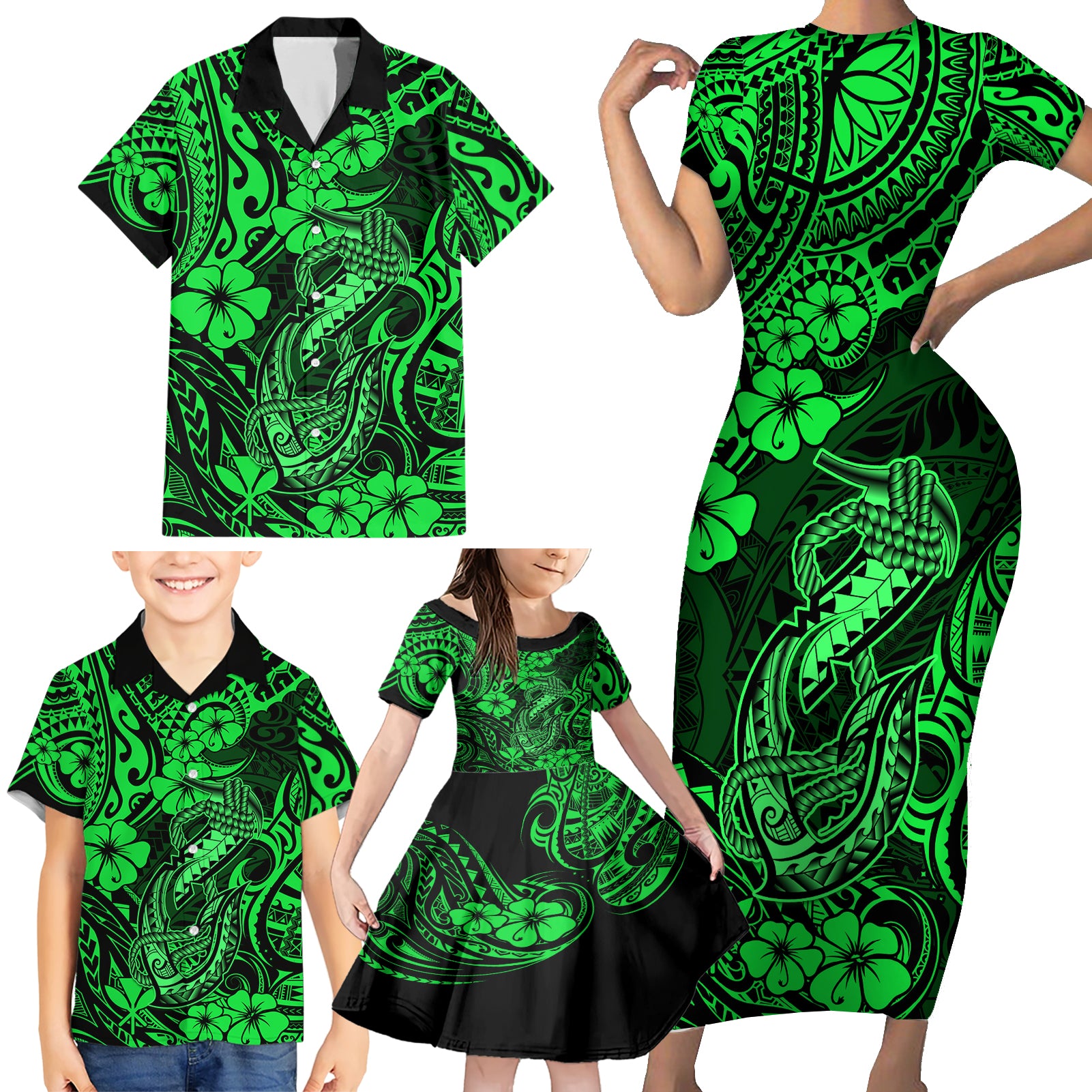 Hawaii Fish Hook Family Matching Short Sleeve Bodycon Dress and Hawaiian Shirt Polynesian Pattern Green Version LT01 - Polynesian Pride