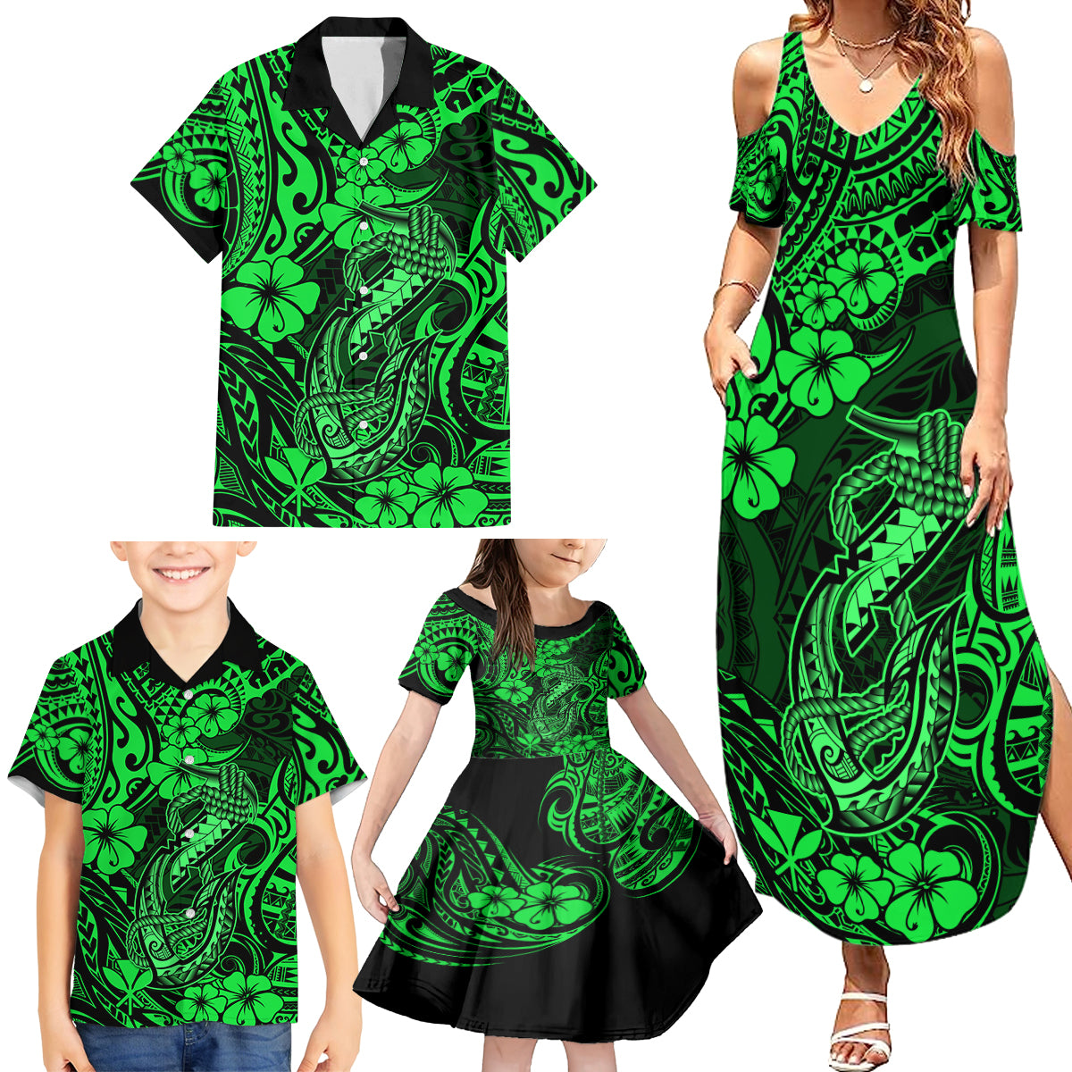 Hawaii Fish Hook Family Matching Summer Maxi Dress and Hawaiian Shirt Polynesian Pattern Green Version LT01 - Polynesian Pride