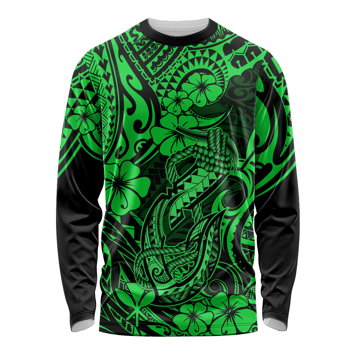 Hawaii Fish Hook Long Sleeve Shirt Polynesian Pattern Green Version LT01 Unisex Green - Polynesian Pride