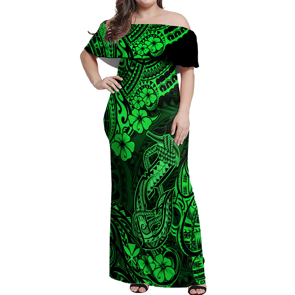 Hawaii Fish Hook Off Shoulder Maxi Dress Polynesian Pattern Green Version LT01 Women Green - Polynesian Pride