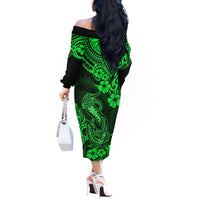 Hawaii Fish Hook Off The Shoulder Long Sleeve Dress Polynesian Pattern Green Version LT01 - Polynesian Pride
