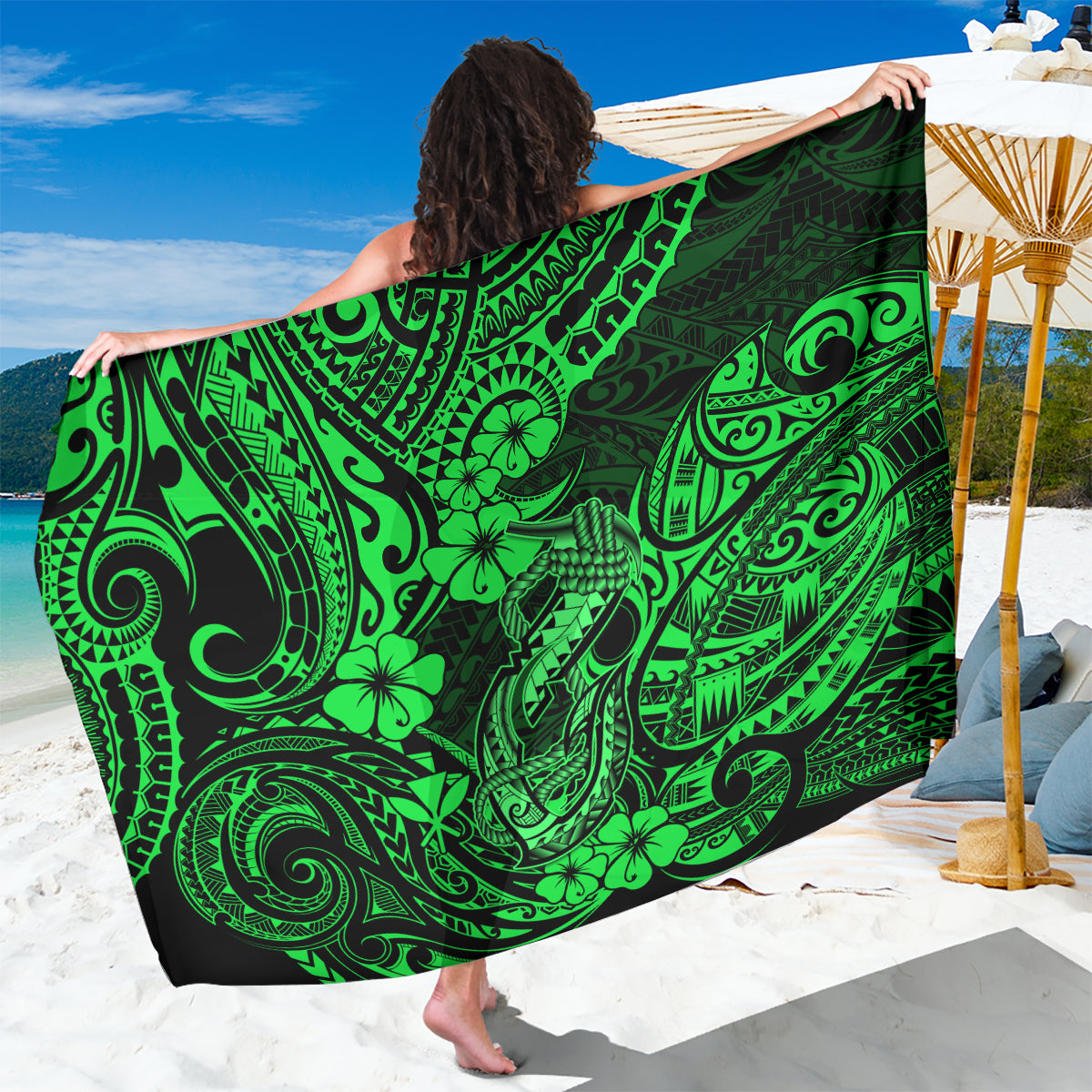 Hawaii Fish Hook Sarong Polynesian Pattern Green Version LT01 One Size 44 x 66 inches Green - Polynesian Pride