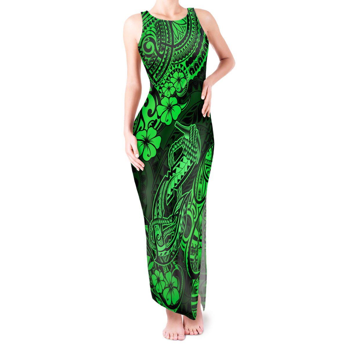 Hawaii Fish Hook Tank Maxi Dress Polynesian Pattern Green Version LT01 Women Green - Polynesian Pride