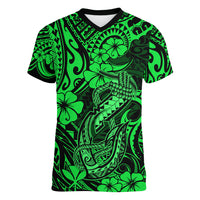 Hawaii Fish Hook Women V Neck T Shirt Polynesian Pattern Green Version LT01 Female Green - Polynesian Pride