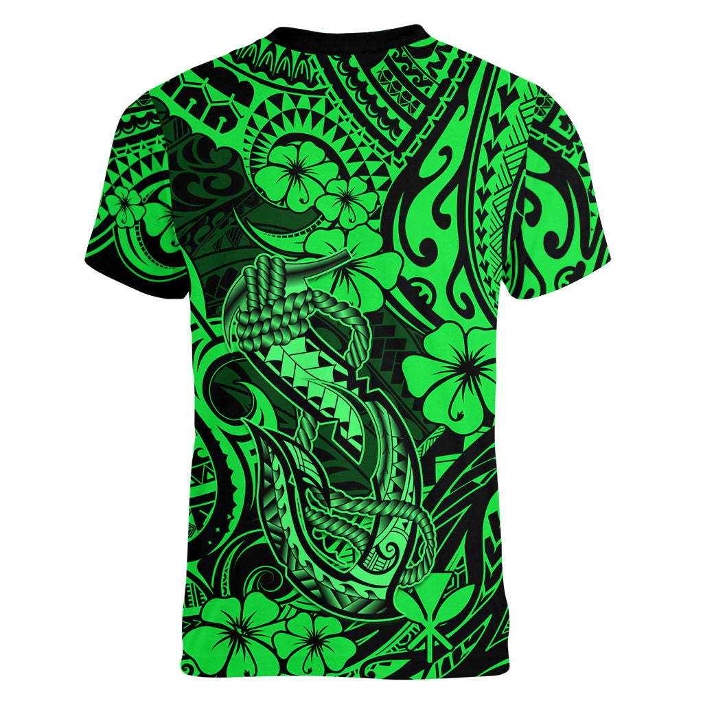 Hawaii Fish Hook Women V Neck T Shirt Polynesian Pattern Green Version LT01 - Polynesian Pride